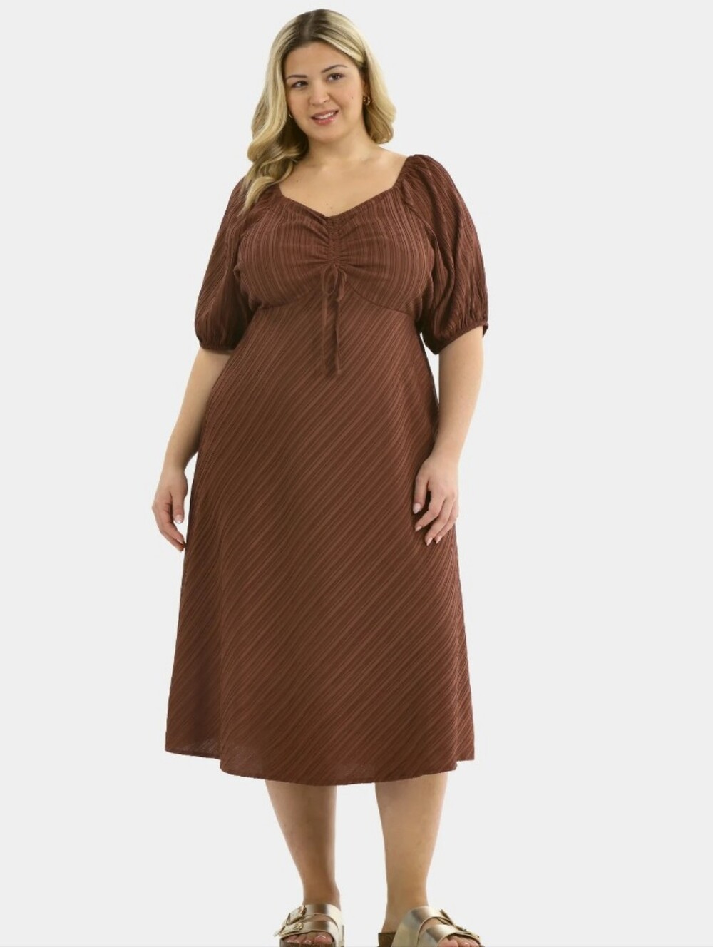 Plus Size Brown Midi Dress with Puff Sleeves